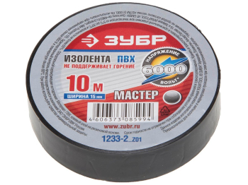 ЗУБР ЭЛЕКТРИК-10, 15 мм х 10 м, 6 000 В, черная, не поддерживает горение, изолента ПВХ, Профессионал (1233-2) (Изолента)