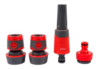 Набор поливочный QUATTRO ELEMENTI 4 предмета. Соединитель 3/4"-2шт., штуцер 1/2" и 3/4", насадка поливочная, мягкий пластик, аквастоп (646-201) (Набор