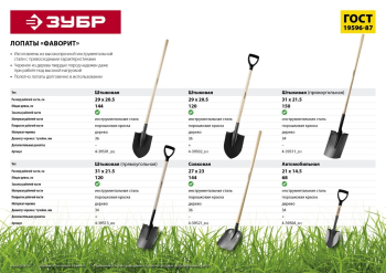 ЗУБР Фаворит, 310 х 215 х 1500 мм, полотно 1.7 мм закалено, дерев. лакир. черенок высш. сорт, штыковая прямоугольная лопата, Профессионал (4-39511) (Л