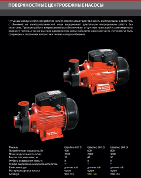 Насос садовый QUATTRO ELEMENTI Giardino 601 Ci (600 Вт, 2700 л/ч, для чистой, 42 м, 7,8 кг) 910-126 (Садовые насосы)