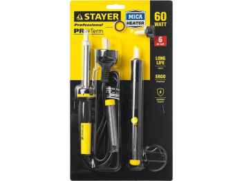 STAYER PROTerm, 60Вт, 2к рукоятка, конус, подставка+припой+сменн жало+оловоотсос+сменн насадка, набор для паяльных работ, Professional (55313-60-H6) (